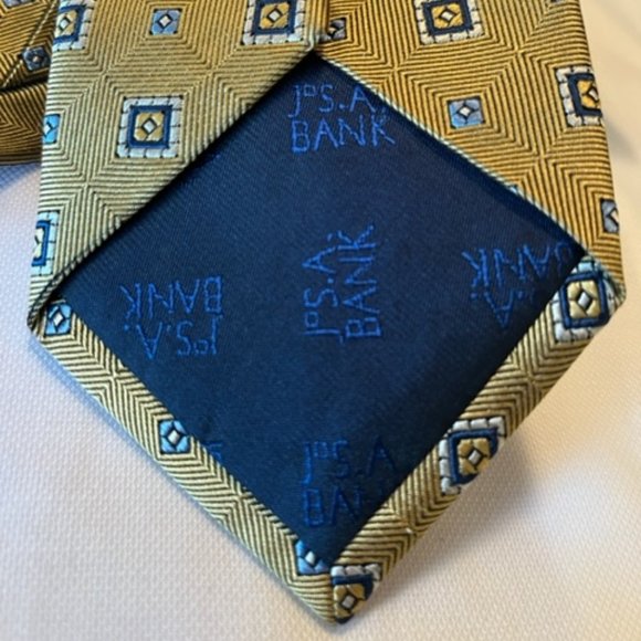 Jos A Bank Silk Tie Gold with Blue Squares - Picture 2 of 6